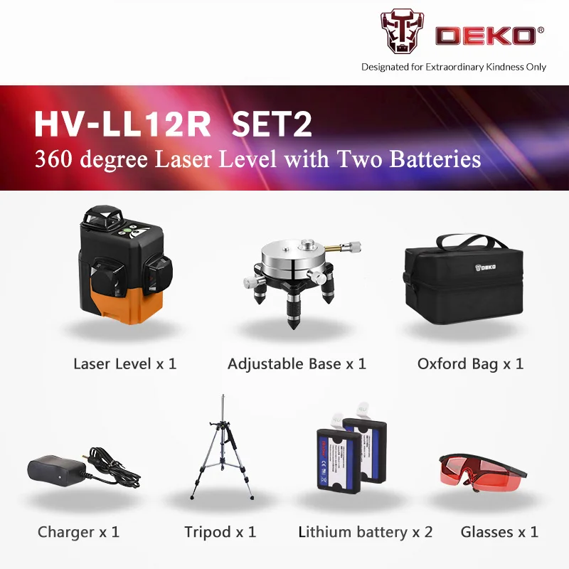 DEKO HV-LL12, 12 линий, 3D лазерный уровень, самонивелирующийся, 360 градусов, горизонтальный и вертикальный крест, мощный, открытый, можно использовать детектор - Цвет: Red Laser Set 2