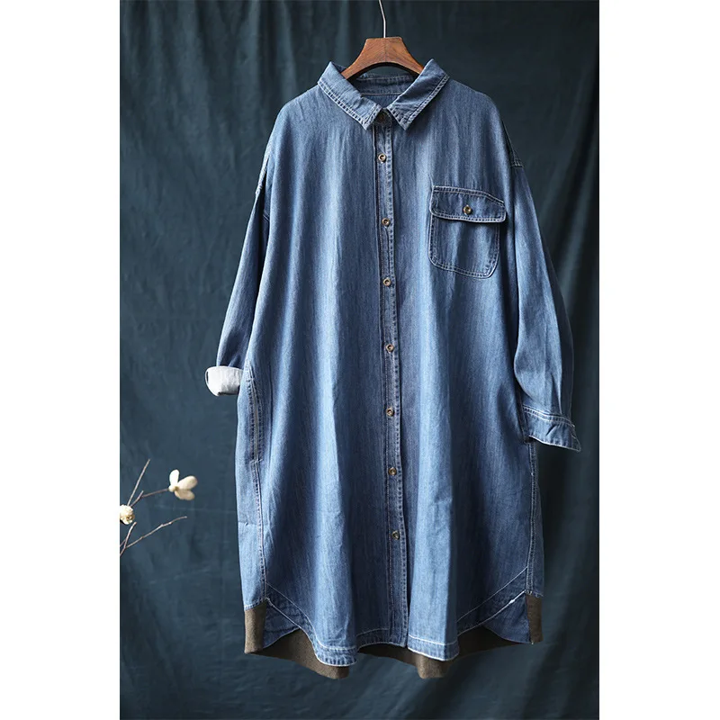 Korean Casual Loose Large Size Mid-length and Long-width Shirt Coat Women's Long Sleeve Autumn shirts for women A0B2Z40 - Цвет: Синий