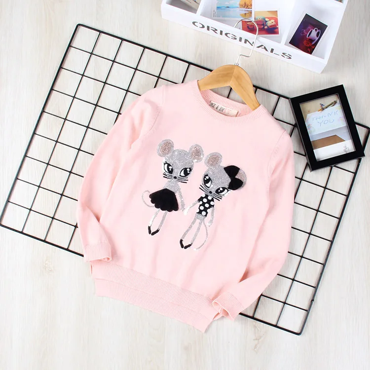 Autumn New Style Childrenswear Cartoon Sequin Embroidered Long-sleeve round Neck Sweater for Girl Sweater Children Knitted