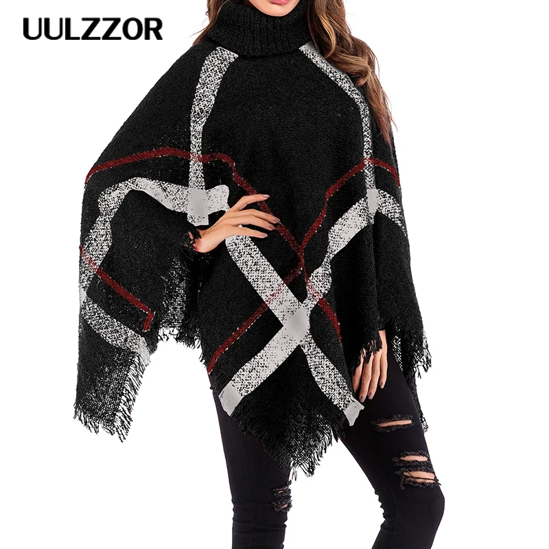 

UULZZOR women sweater cloak plaid tassel cloak autumn winter cloak turtleneck batwing sleeve coat Pullover Knitted cotton cloak