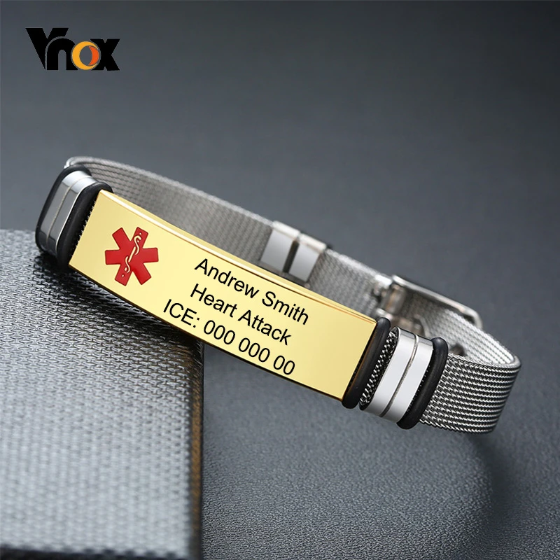 Vnox, регулируемый, унисекс, медицинский, персонализация, ID браслеты для женщин и мужчин, нержавеющая сталь, сетчатый Браслет, настраиваемый, тип 2, диабет