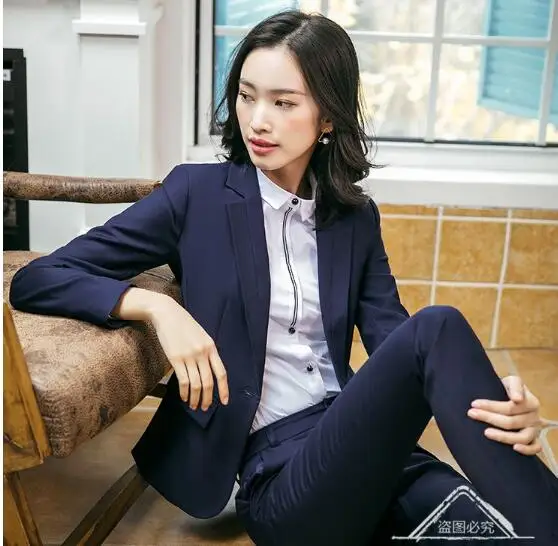 navybluepantsuit Винтажные повседневные женские костюмы с юбкой, блейзер и юбки, высокое качество, ткань, для бизнеса, офиса, для девушек, рабочая одежда, элегантный комплект с юбкой - Цвет: navybluepantsuit