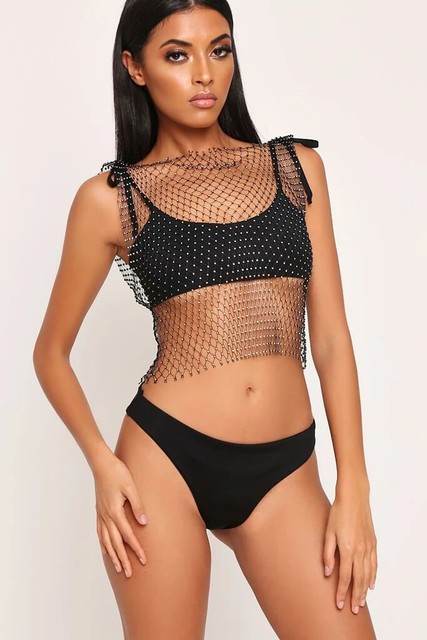 Women Sleeveless Mesh Rhinestone Fashion Crop Tops 2022 Summer Beach Party Shinny See Through Fishnet Tank Top