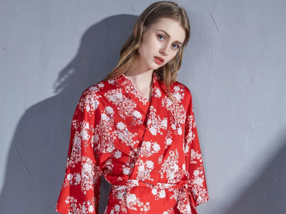 Womens Sleepwear Luxury Chinese Dressing Gown Robe Kimono Stain For