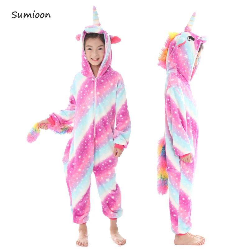 Kigurumi пижамы для детей девочек Единорог аниме панда Onesie детский костюм пижама для мальчиков комбинезон Единорог зимние пижамы для детей - Цвет: Rose star Unicorn