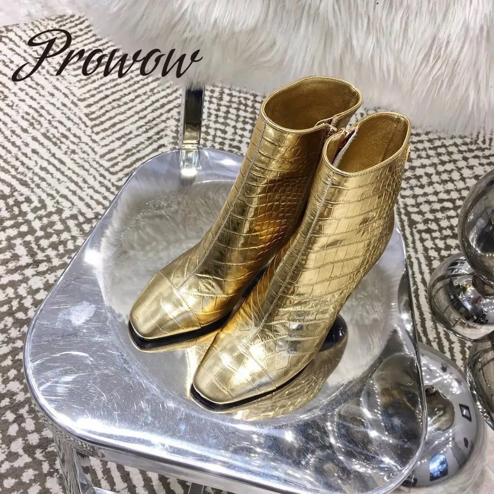

Prowow New Genuine Leather Square Toe Ankle Boots Zip Side HIgh heel Gold Black Autumn Winter Fashion Boots Shoes Women