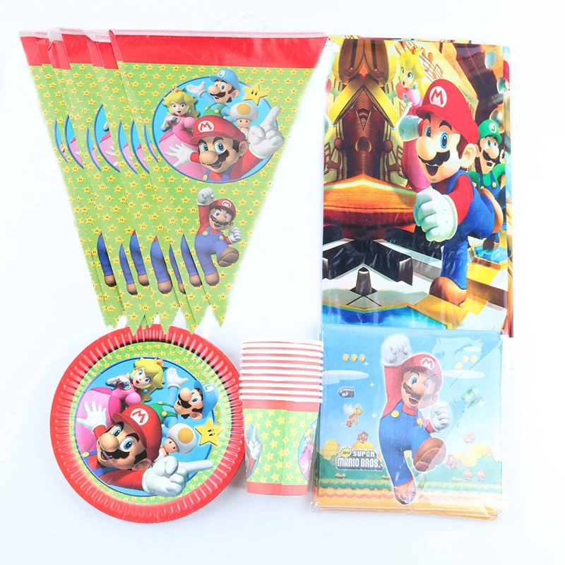 

51pcs Super Mario Theme Party Tableware Set Napkins Plates Cups Table Cover Banner Flags Baby Shower Birthday Party Decoration