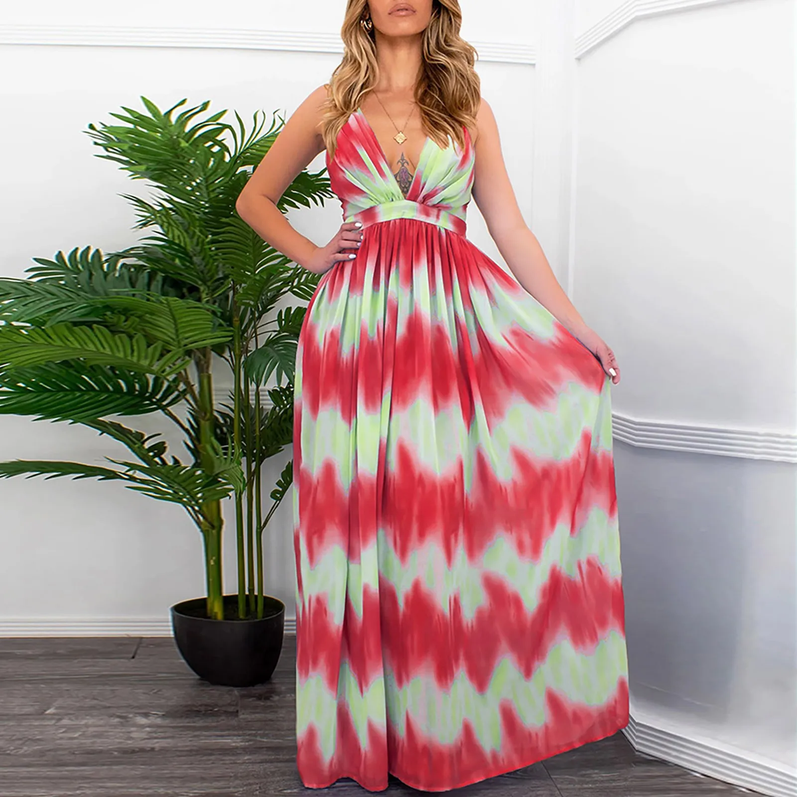 2021 Fashion summer women's Printed V-neck Dress Vintage Split Dress Sexy Ladies Long Dress With Suspenders Beach Vestido Mujer 1