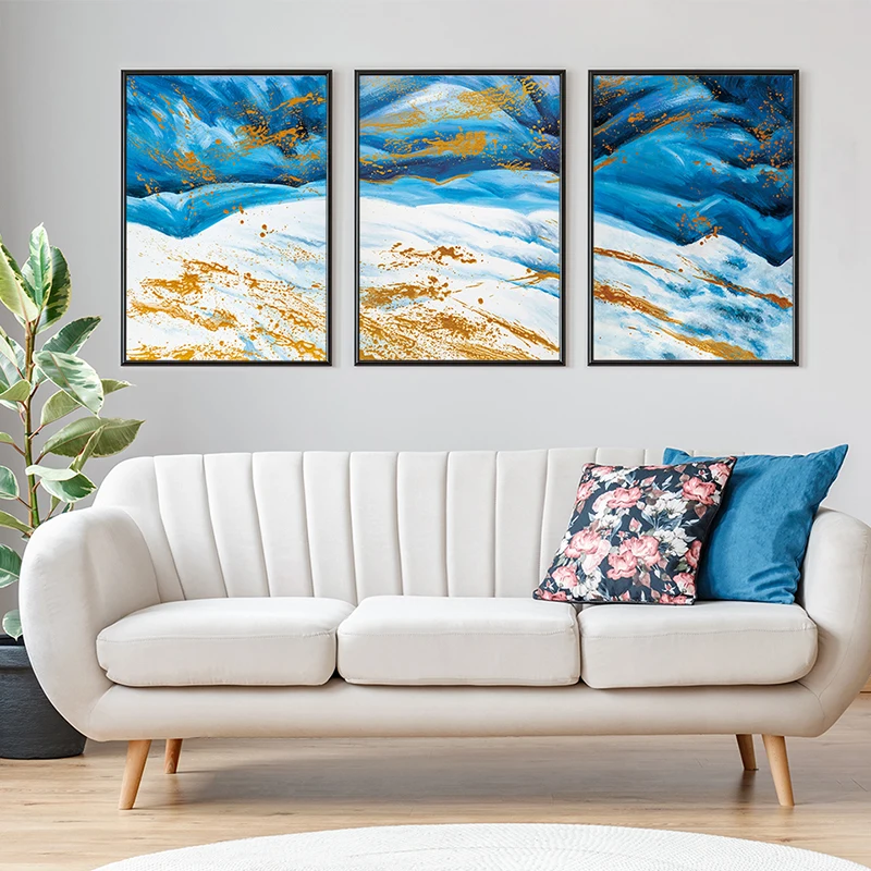 

Modern Abstract Hand Painted Canvas Painting Blue White Golden Poster Home Wall Art Pictures for Living Room Bedroom Decor