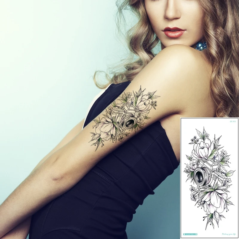 

Camera Flower Travel Gift Temporary Tattoo Waterproof Water Transfer Sticker Arm Leg Back Body Art for Woman Man Tattoo Decal 3D
