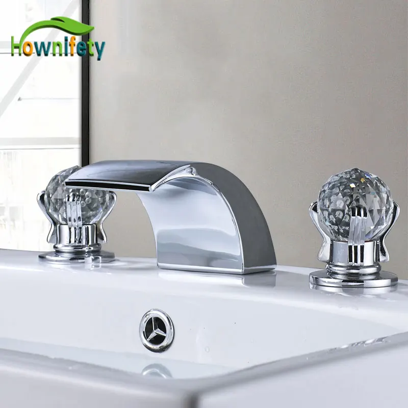 

Chrome Golden Bath Basin Faucet Hot Cold mixer Faucet Three Holes Two Handle Mixers Tap Deck Mount Crystal handle