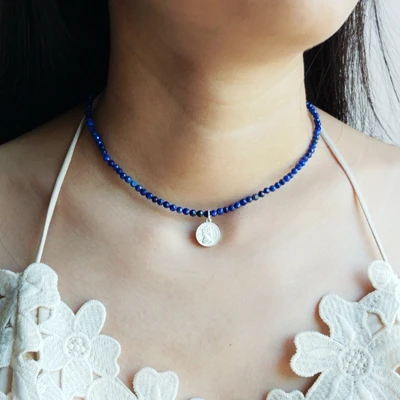 Lapia Lazuli Lii Ji 3 мм Драгоценный Камень Аквамарин перидот Розовый кварц и т. Д. 925 пробы Серебряная монета очаровательное винтажное ожерелье 40+ 5 см - Цвет камня: Lapia Lazuli