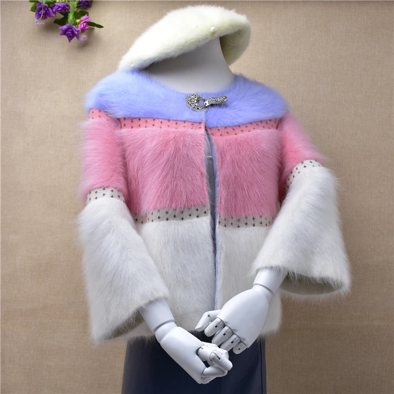Women's sweet winter short sweater with button up flare sleeve round neck mink coat pure Angora rabbit hair knitted jacket |