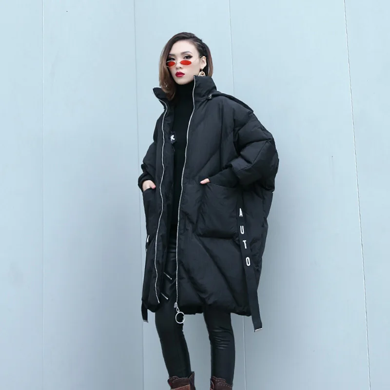 [EAM] Black Ribbon Big Size Hooded Cotton-padded Coat Long Sleeve Loose Fit Women Parkas Fashion New Autumn Winter 1H261