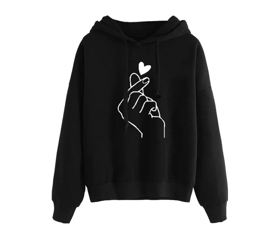 Черный Женские толстовки, повседневные, Kpop, Finger Heart Love, с рисунком, с капюшоном, толстовки, модные, на завязках, с длинным рукавом, женские пуловеры - Цвет: Черный
