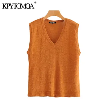 

KPYTOMOA Women 2020 Fashion Two Pieces Sets Knitted Blouses+Shorts Vintage V Neck Sleeveless Tops Elastic Waist Drawstring Short