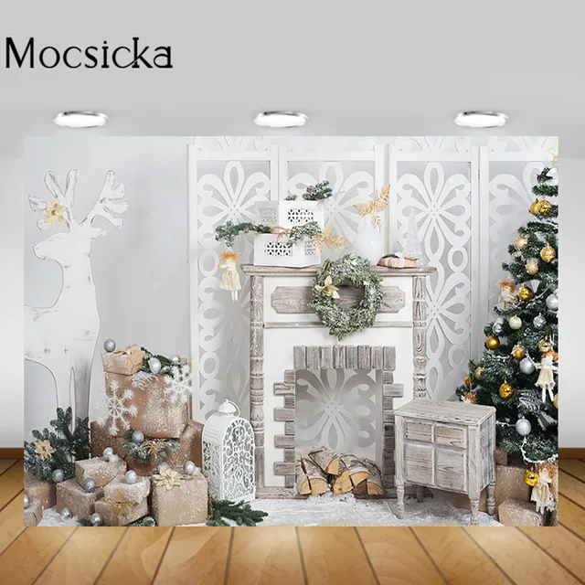 Mocsicka Christmas Living Room Backgrounds Christmas Tree Fireplace Garland Xmas Backdrop Decorations Newborn Photography Props Style-21
