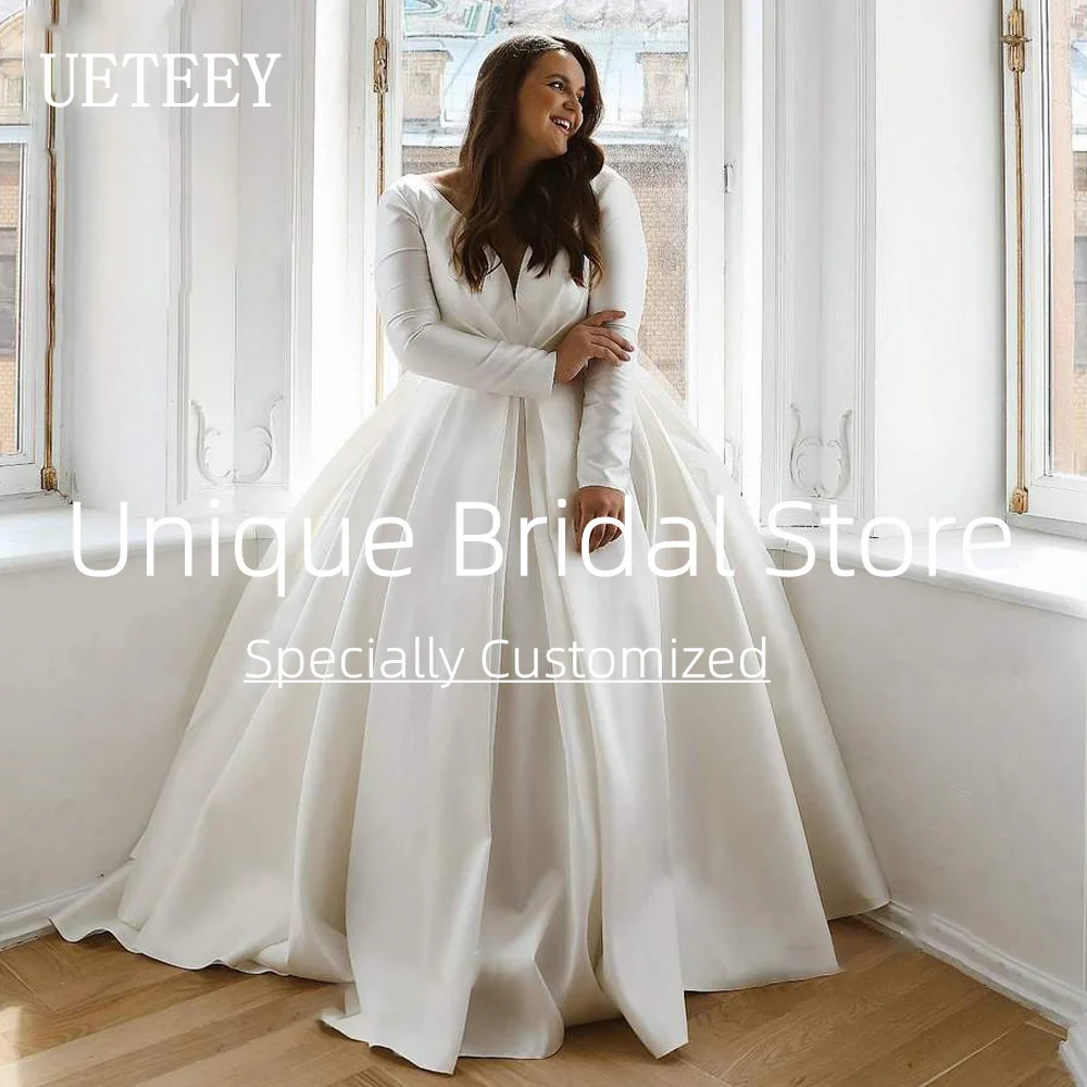 UETEEY Plus Size Wedding Dress V-Neck Long Sleeve Zipper Back 2022 Simple Satin A-Line Princess Bridal Gowns Vestido De Novia