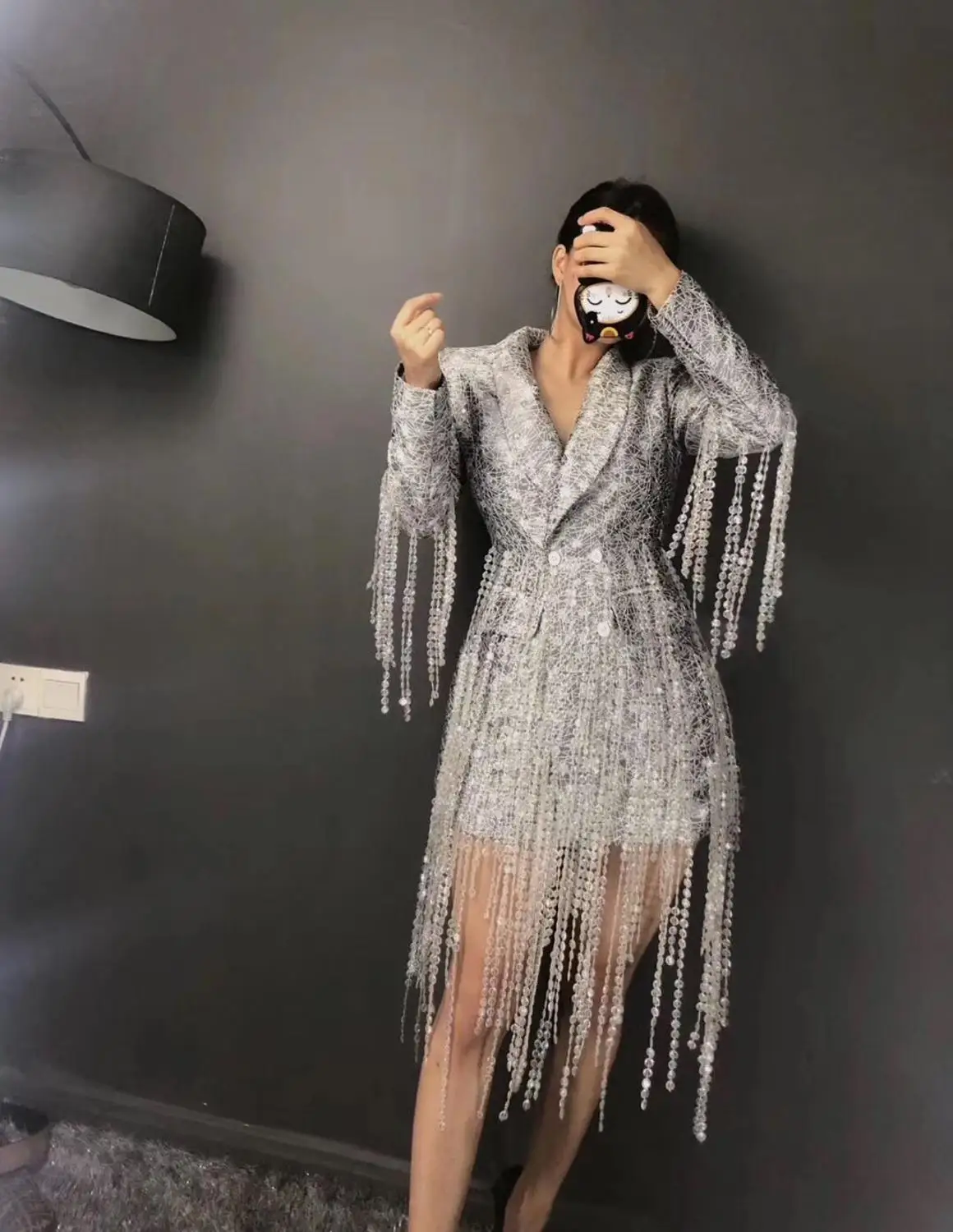 

high elastic Notched Crystals Sexy Women costume show Performance Elegant Celebrity Evening Party
