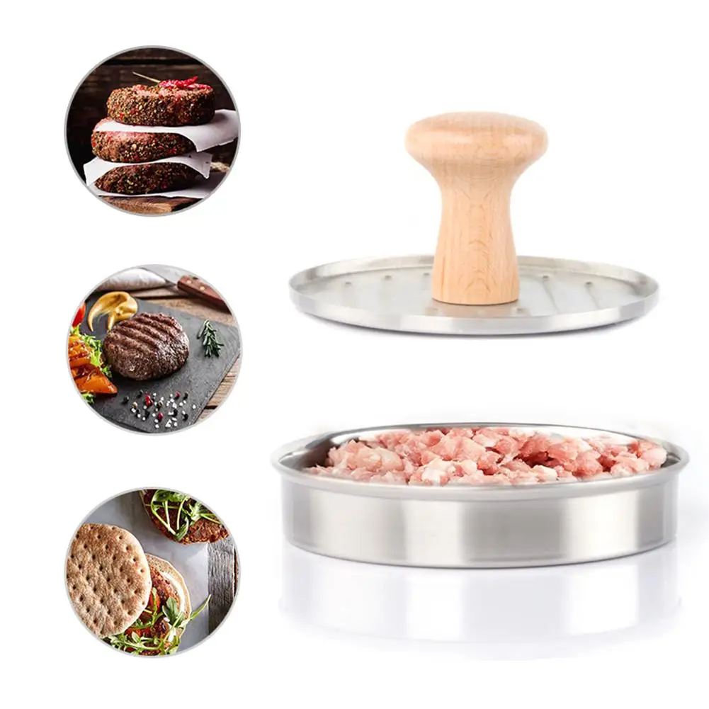 

304 Stainless Steel Hamburger Meat Press with Wooden Handle Patty Maker Mold Kitchen Tool Burger Mold for Cutlets Barbecue Tool