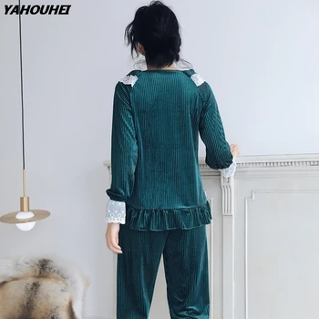 

2019 Winter Fashion Thick Warm Flannel Korean Pajama Sets For Women Long Sleeve Coral Velvet Pyjama Girls Lace Homewear Clothing