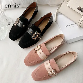 

ENNIS 2020 Fashion Loafers Women Genuine Suede Leather Boat Shoes Buckle Spring Outdoor Casual Shoes Black Flats Pink New C0008