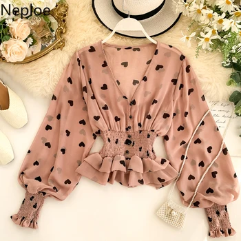 

Neploe V Neck Lantern Long Sleeve Heart Print Blouse Women Elegant Ruffles Slim Waist Pleat Holiday Blusas Spring New Shirt
