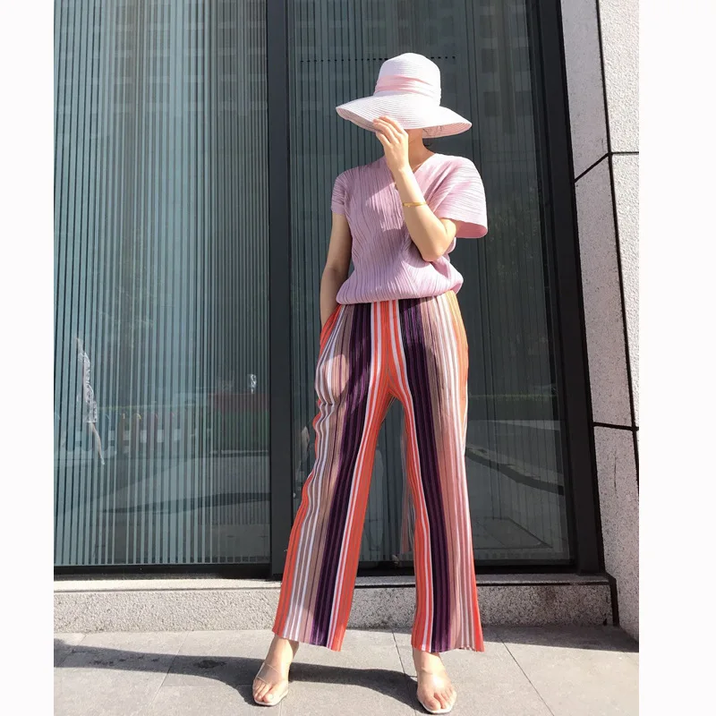 Miyake плиссированные Женские полосатые брюки высококачественные модные прямые повседневные брюки плюс размер комплект пуловер+ кожаная юбка брюки до щиколотки
