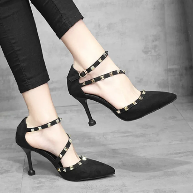 

Cresfimix Women Cute Sweet Comfortable Black Rivet High Heel Shoes Lady Pointed Toe Blue Shoes Female Sexy Party Shoes B5145