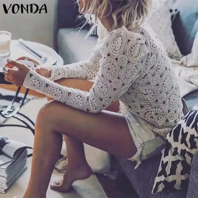 VONDA, женская блузка, сексуальная, длинный рукав, полый, блузка, весна-лето, вечерние Рубашки, Топы, повседневная свободная туника, блузки размера плюс