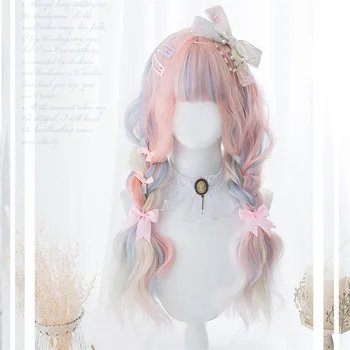 

Cosplaysalon 65CM Lolita Mixed Pink Blue Mixed Blonde Long Curly Omrbe Bangs Halloween Cute Party Synthetic Cosplay Wig