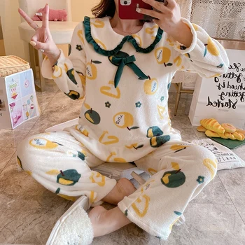 

2020 Winter Long Sleeve Thick Warm Flannel Print Pajama Sets For Women Coral Velvet Sleepwear Homewear Pijama Mujer Home Clothes