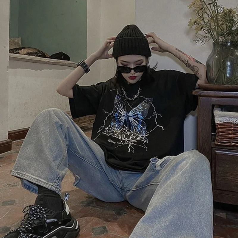 letters print pink T-shirt women tee girl tops Goth clothes tee butterfly top женские футболки Harajuku style cartoon cute Devil