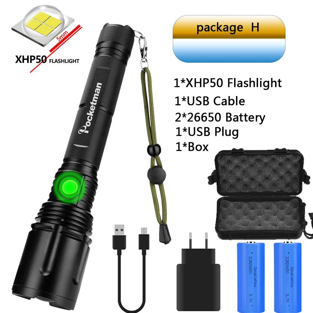 Package H 7500LM самый мощный светодиодный фонарь XHP70.2 перезаряжаемый фонарь XHP50 USB Zoom фонарь XHP70 охотничий фонарь для рыбалки 26650 - Испускаемый цвет: Package H