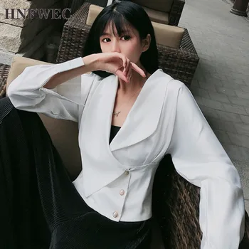 

2020 V-neck full sleeves white polyester single breasted loose high waist short Shirt female blouse T504