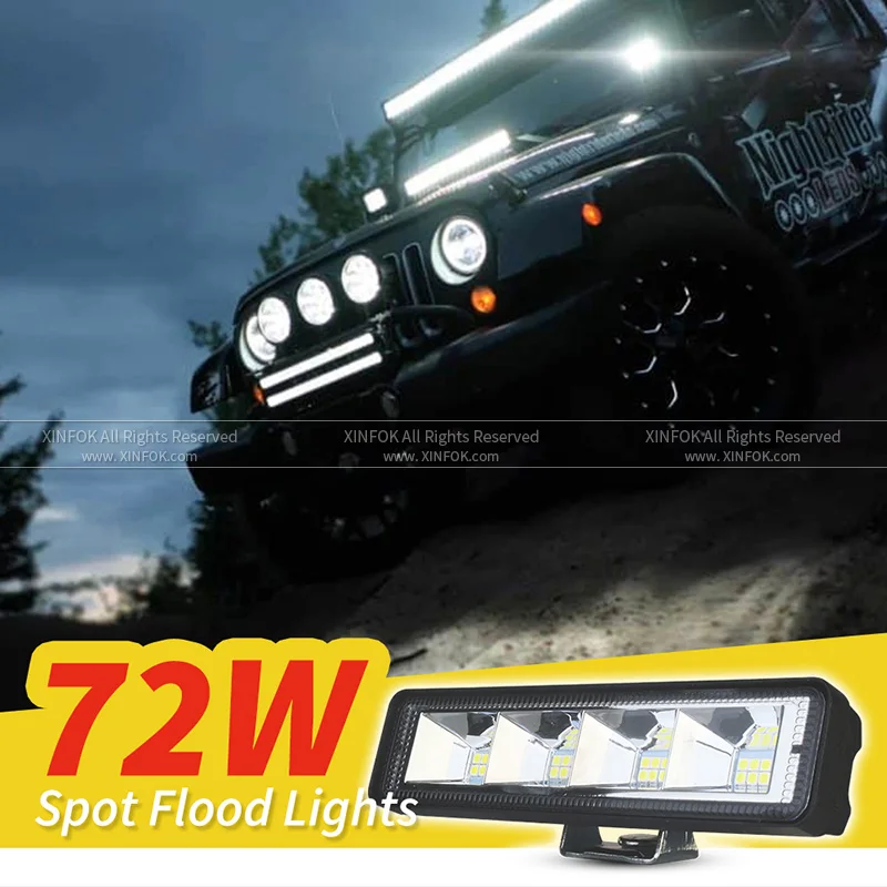 자동차 LED 작업등, LED 바 플러드 라이트, 흰색 운전 램프, 자동차 SUV 오프로드 차량 보트 DRL, DC 12V-60V, 72W, 6500K, 2200LM