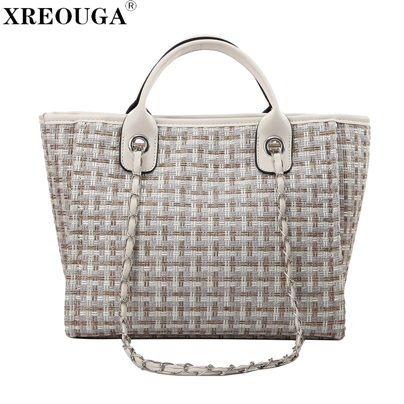 

Grid Tweed Large Capacity Women Designer Handbags Wool Winter Female Tote Bags Shoulder Crossbody Chains Patchwork Shopping Bags