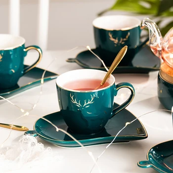 

Nordic Art Luxury Malachite Green Ceramic Coffee Mug English Phnom Penh Elk Coffee Cup and Saucer Set Afternoon Tea Tea Set Gift