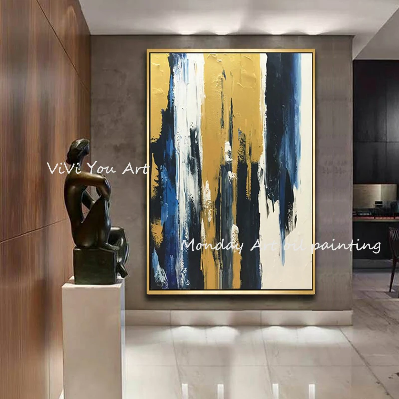 

Pop art Hand painted High Quality Modern art Gold Blue Abstract Oil Painting on Canvas for Living Room Decor Abstract Painting