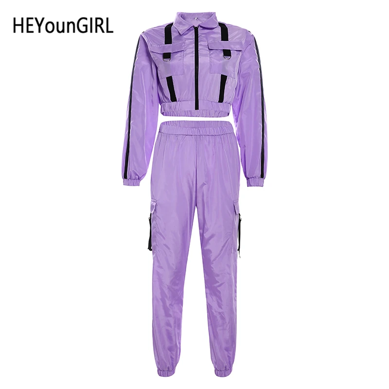 Лаванда HEYounGIRL Повседневный неоновый костюм из двух частей для женщин Harajuku укороченная куртка и брюки карго наряды Дамы Соответствующие наборы уличная одежда - Цвет: Лаванда