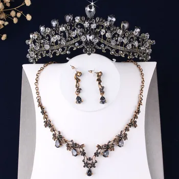 

Vintage Bronze Gold Crystal Beads Bridal Jewelry Sets Rhinestone Choker Necklace Earrings Tiara Set Baroque Wedding Jewelry Set