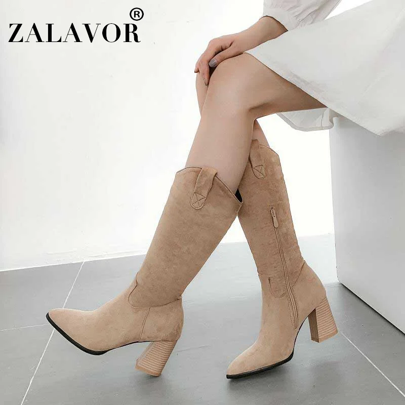 

ZALAVOR 2020 Woman Plus Size 32-48 Winter Mid Calf Boots Office Lady Sexy Fashion Straight Boots Pointed Toe Female Daily Botas