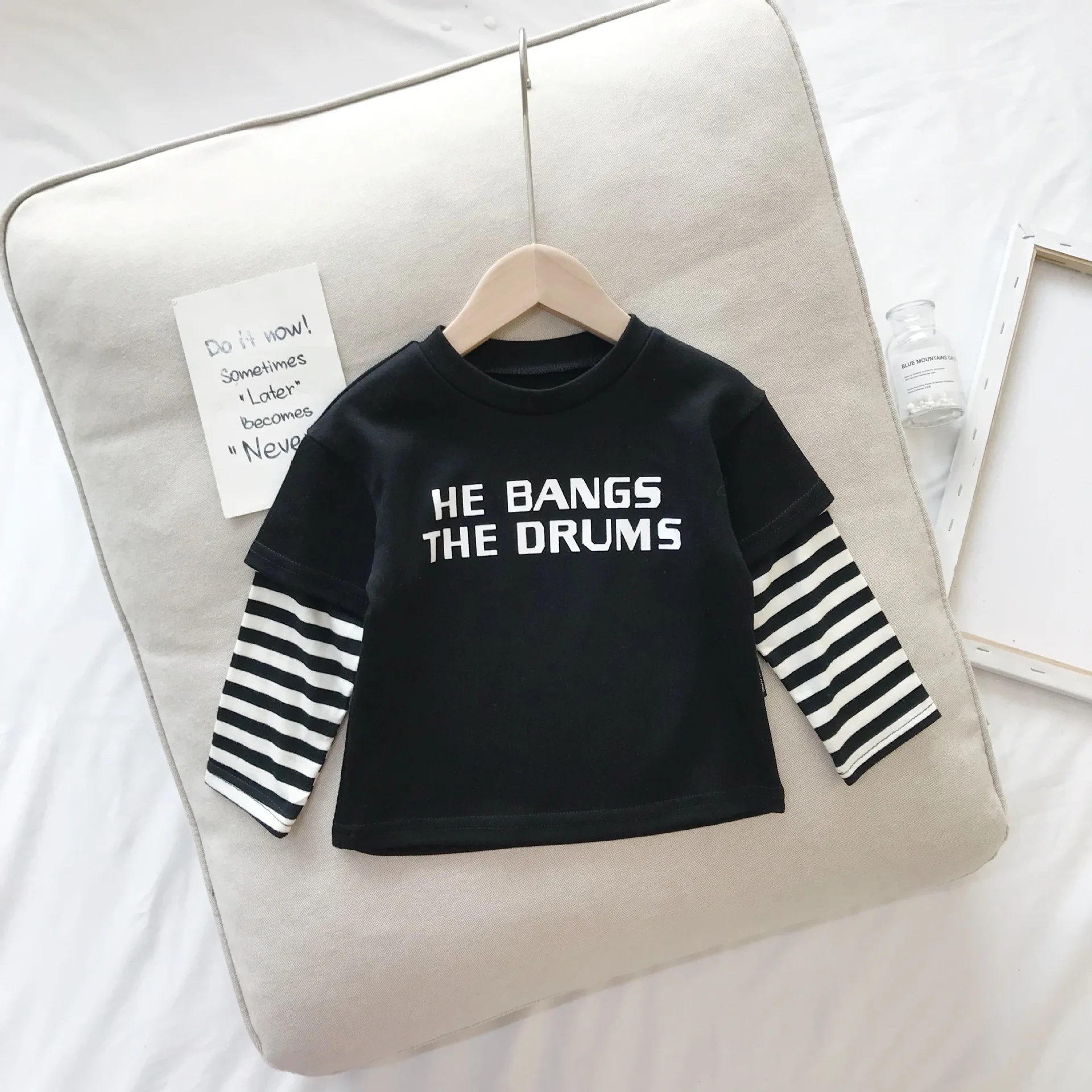 

2019 Autumn Childrenswear Mock Two-Piece Striped Sleeve Tops Infant Base Shirt Small CHILDREN'S T-shirt Men's Childrenswear