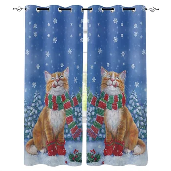 

Cute Christmas Pet Cat Window Curtains LivingRoom Kitchen Curtains Left and Right Biparting Open