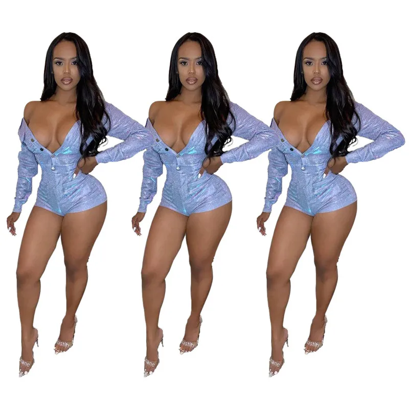 silver jumpsuit Adogirl блестящие, меняющие цвет, женские модные комбинезоны с пуговицами, v-образный вырез, отложной воротник, длинные рукава, шорты, комбинезон с карманами - Цвет: silver jumpsuit