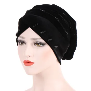 

Hot Sell Headwear Cap Women Muslim hijab Beading Pearl Ruffle Hat Beanie Scarf Turban Head Wrap Cap turban