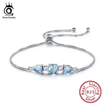 

ORSA JEWELS Silver Bracelets Women Blue Topaz Adjustable Box Chain Round Stone Bracelet Sterling Silver 925 Jewelry 2019 OVSB03