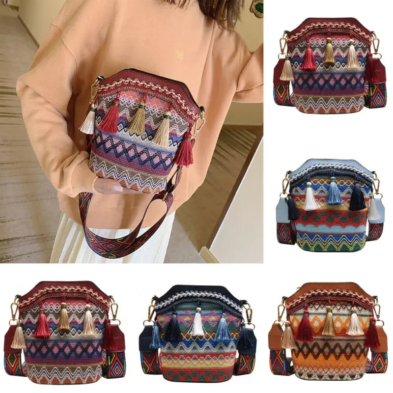 

Fashion Women Tassel Shoulder Bag Ethnic Embroidery Mirror Hippie Sling Crossbody bag