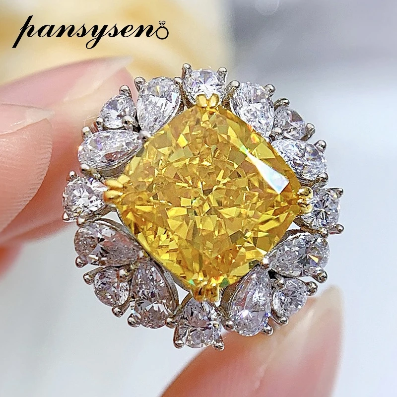 

PANSYSEN 100% 925 Sterling Silver 11mm Radiant Cut Citrine Tanzanite High Carbon Diamond Rings for Women Fine Jewelry Wholesale
