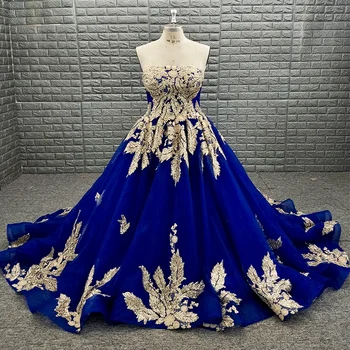 

New Arrival Pageant Strapless Beaded Royal Blue Plus Size Ball Gown Prom Dress with Gold Appliques